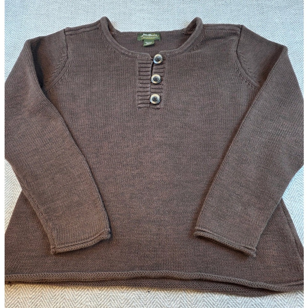 Eddie Bauer Brown Cotton Henley Knit Sweater Rolled Hem Long Sleeve Large